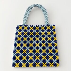 Y2K Beaded Festival Hand Bag Blue Yellow MallCore Retro Acrylic Bead 2000s Geo